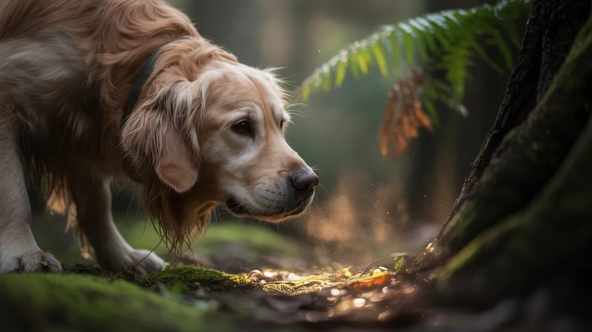 A dog mid-sniff with flared nostrils