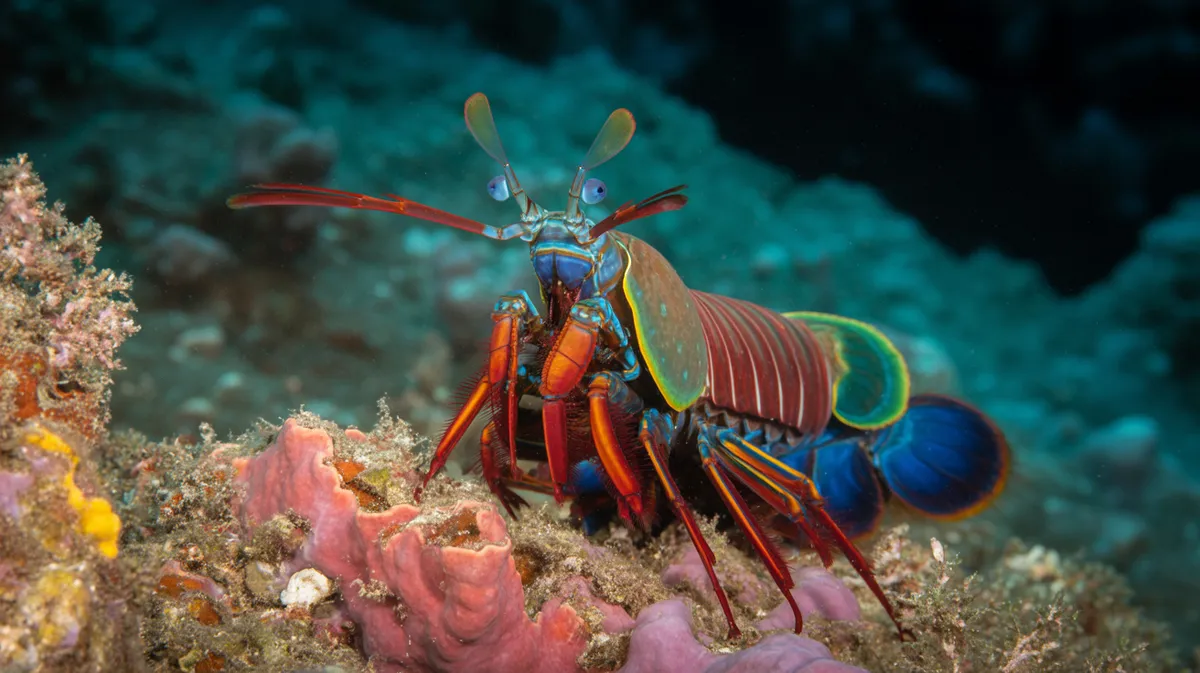 A vividly coloured mantis shrimp on a reef