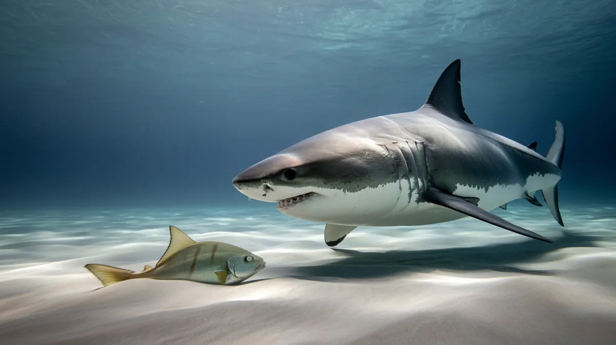 A shark hunting over a sandy seabed