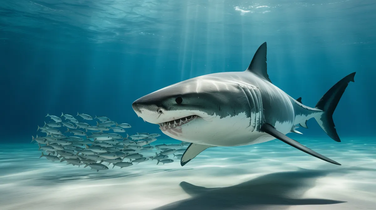 A shark swimming across the open ocean
