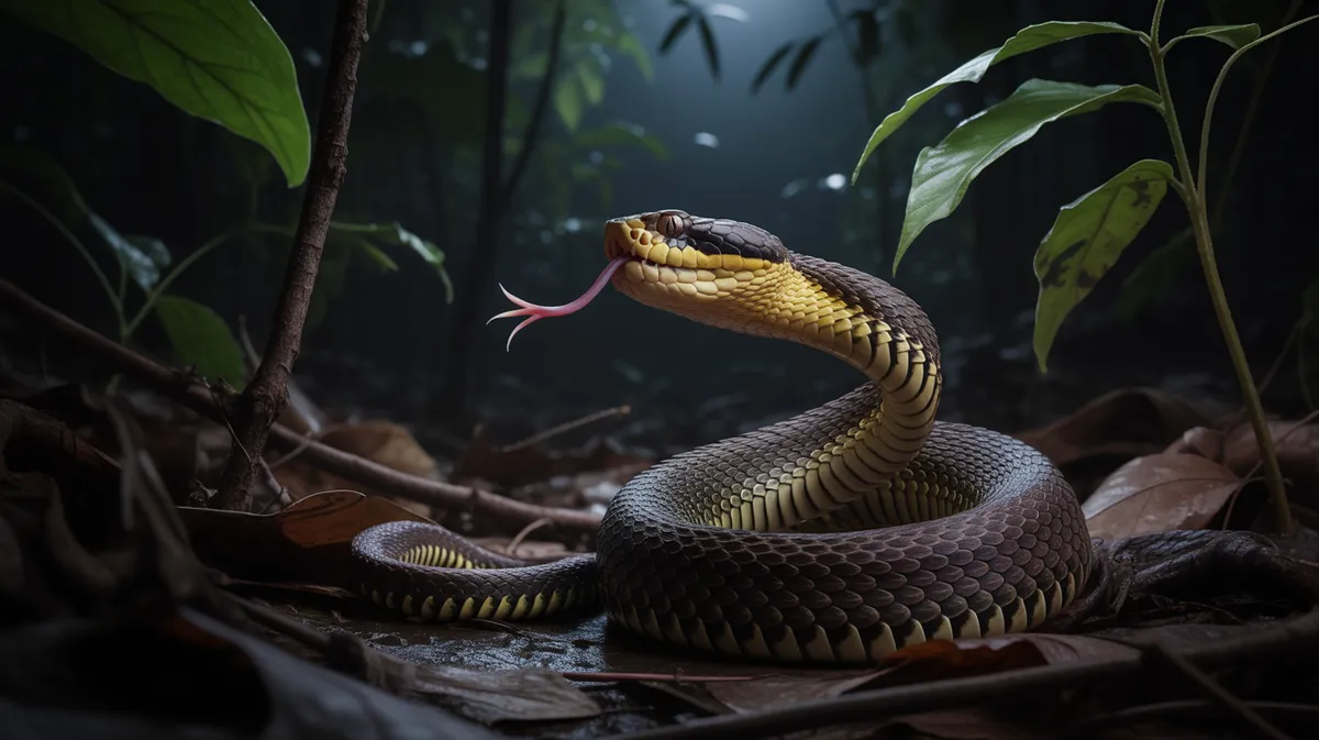 A pit viper striking in the dark