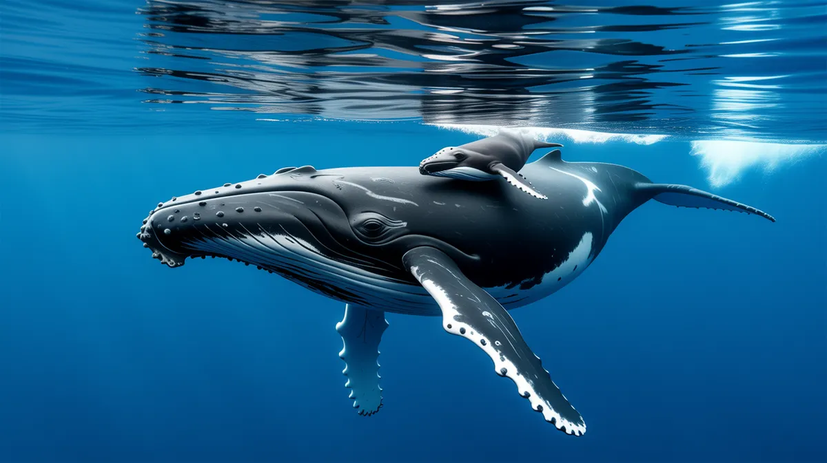 A humpback mother and calf in blue water