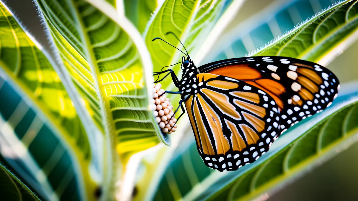 A monarch laying eggs on milkweed