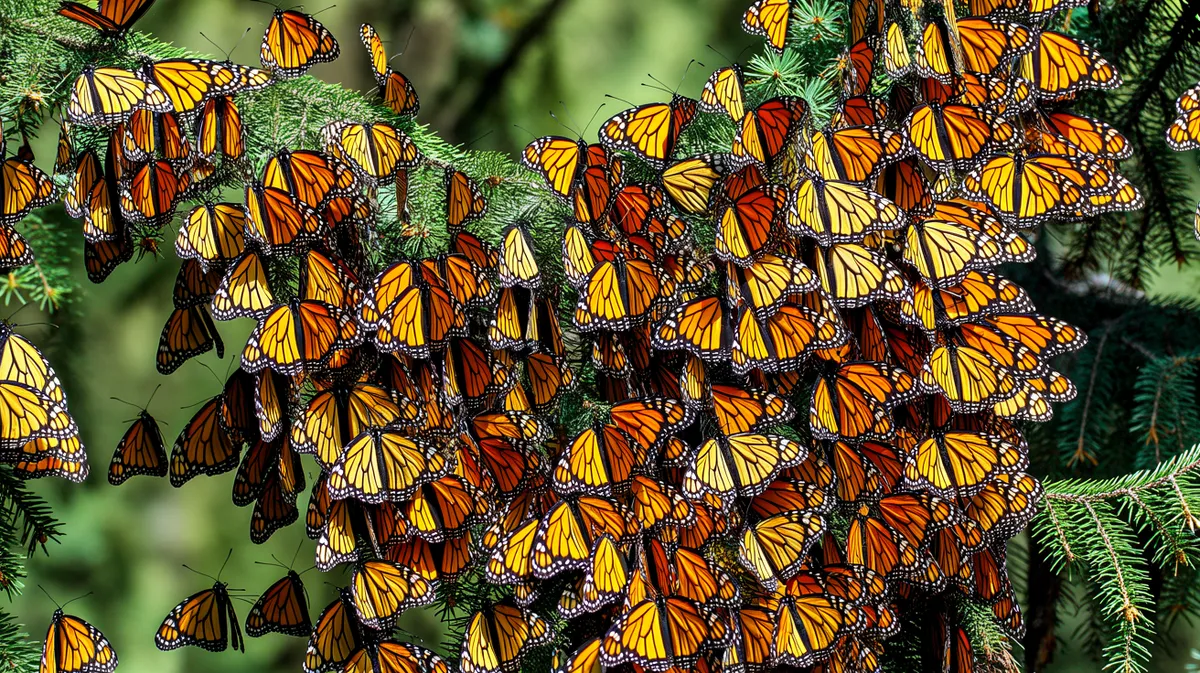 Monarchs clustering on fir trees in Mexico