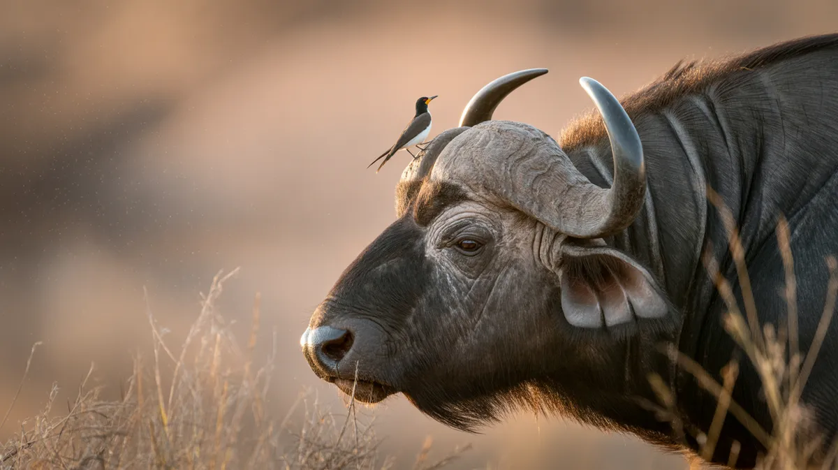 An oxpecker picking ticks off a buffalo