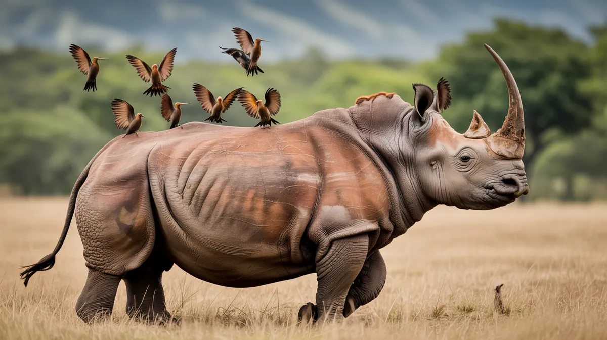 Oxpeckers flying up from an alert rhino