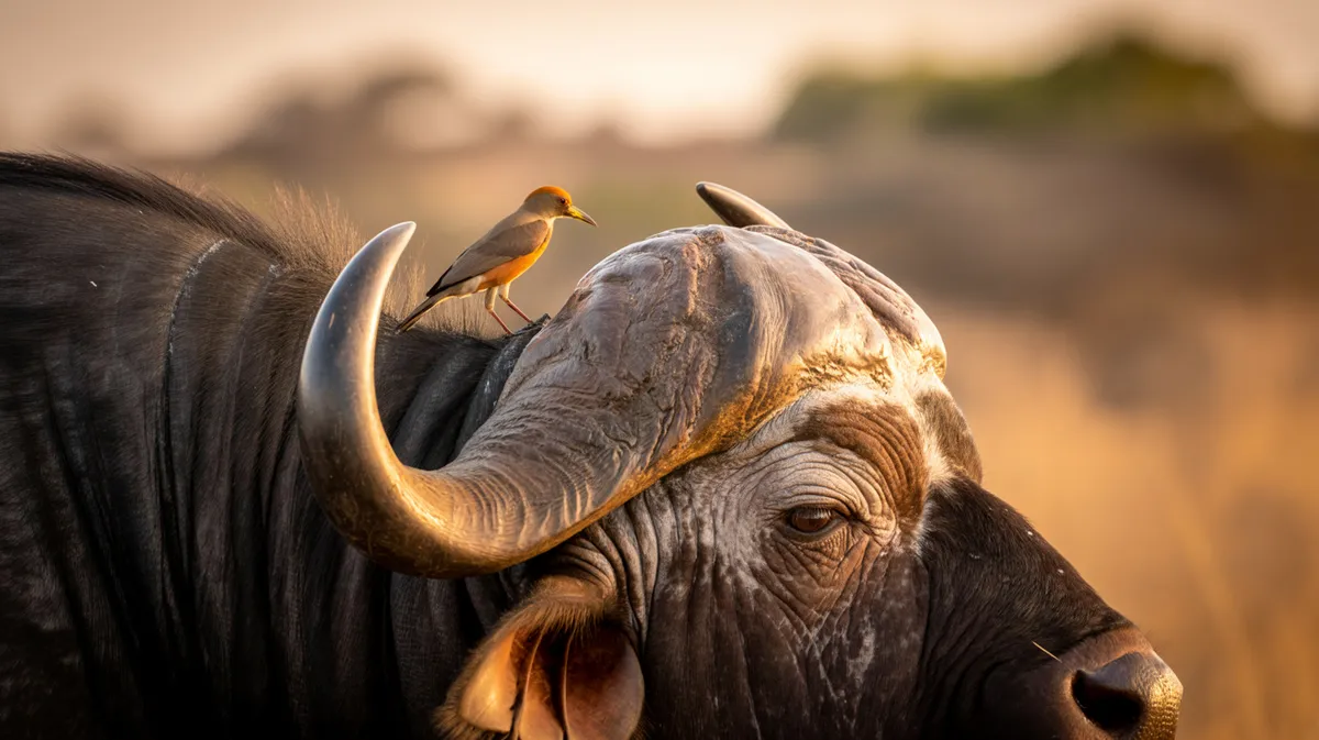 An oxpecker pecking at a buffalo's hide