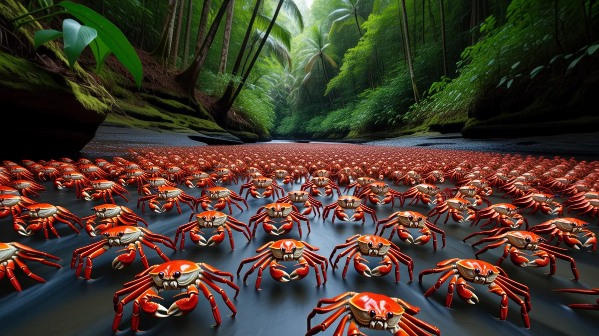 A river of red crabs on the forest floor