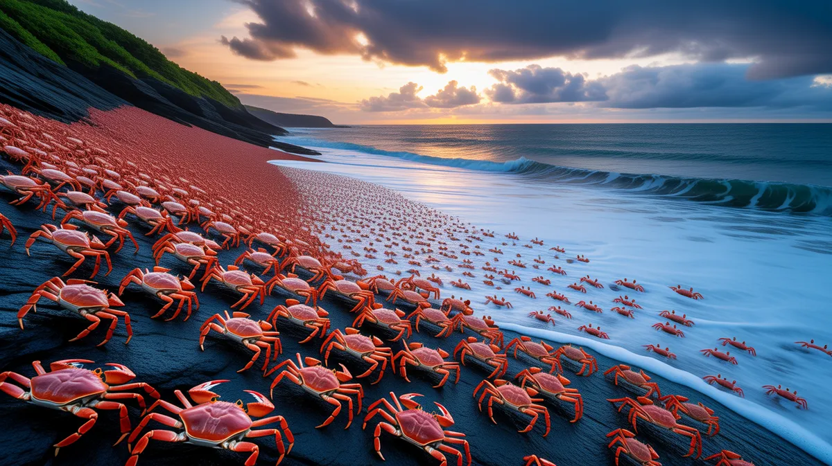 Red crabs spawning at the ocean edge