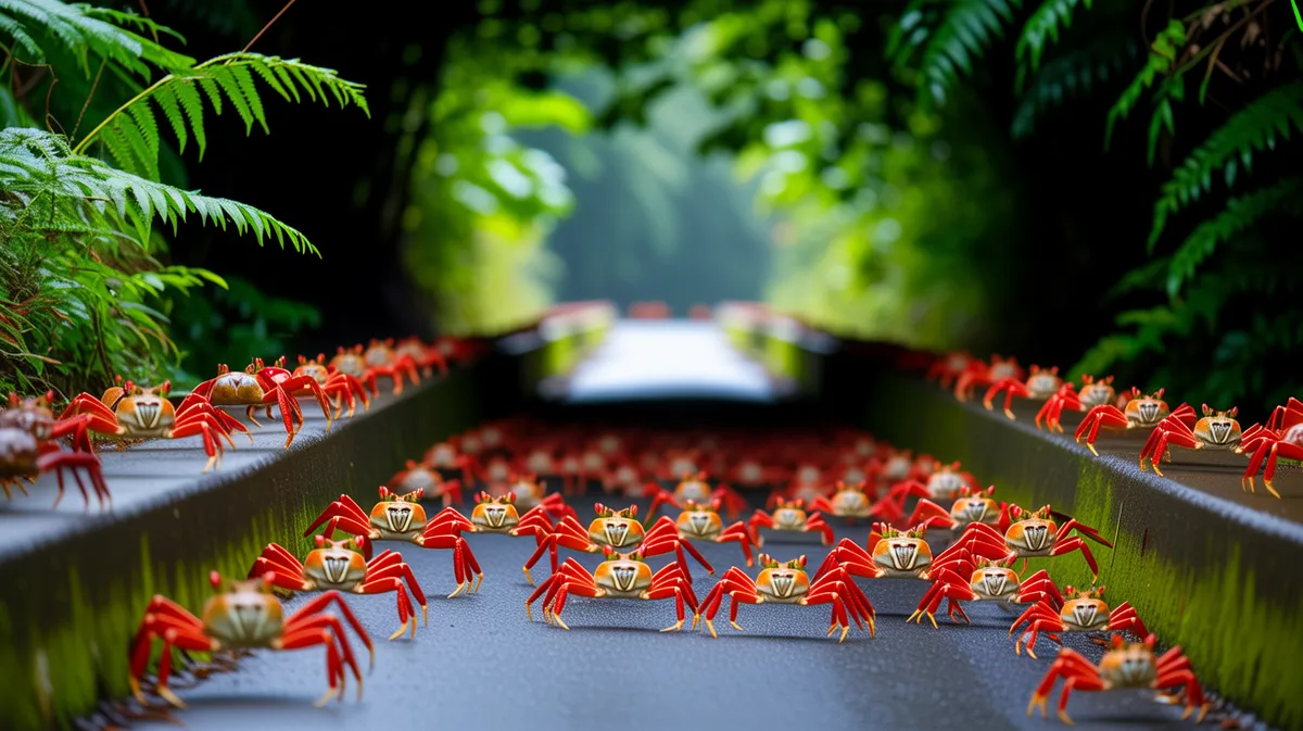 Red crabs using a crab bridge
