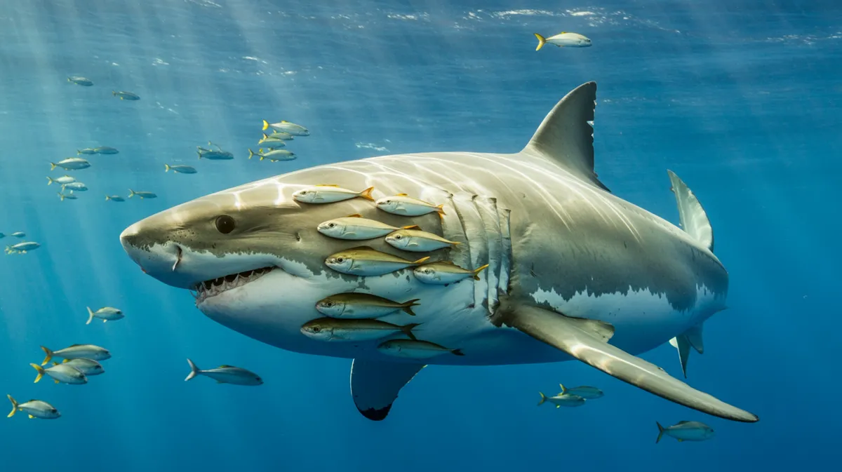 Remoras riding on a shark's belly