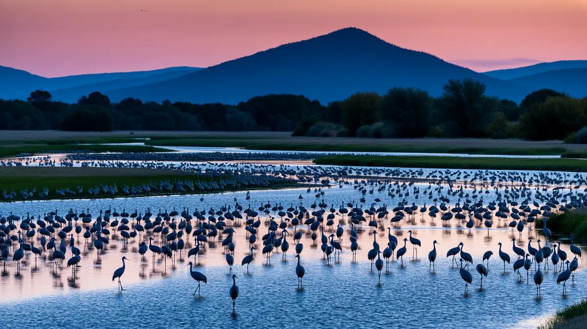 Cranes roosting on river sandbars at dusk