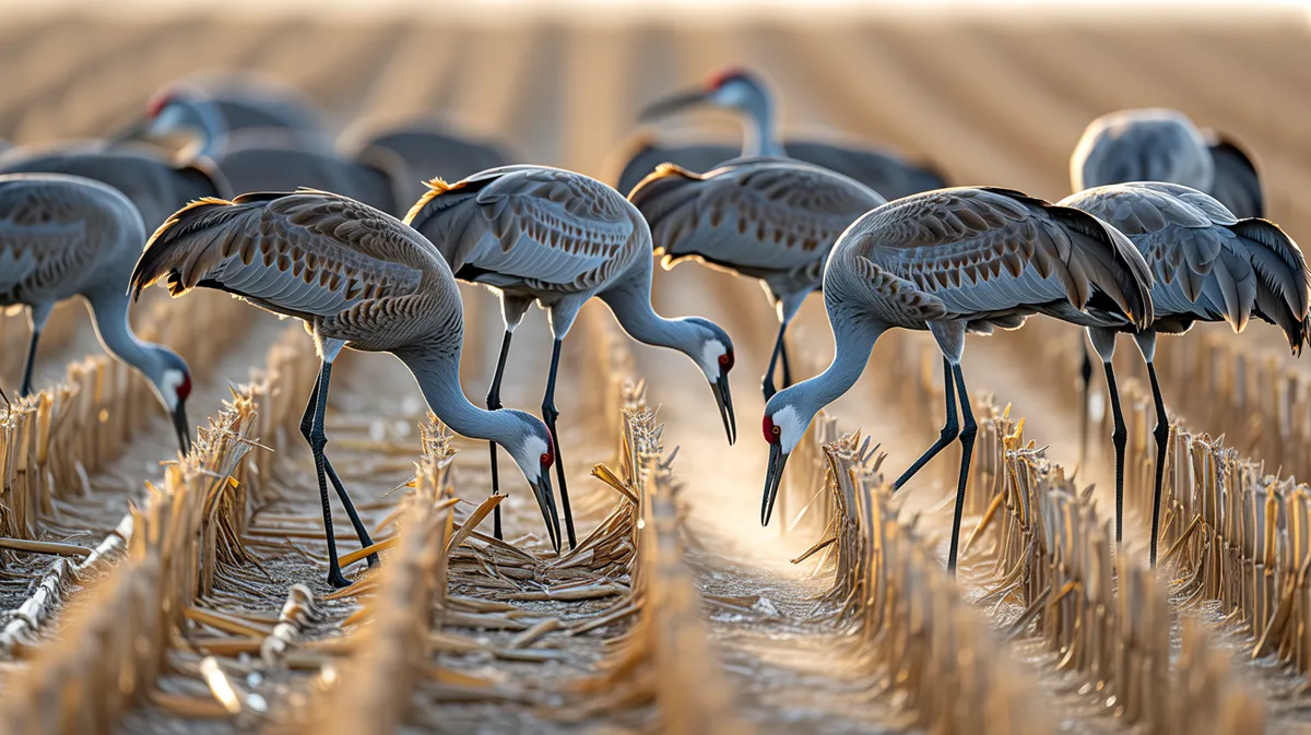 Sandhill cranes feeding in a cornfield