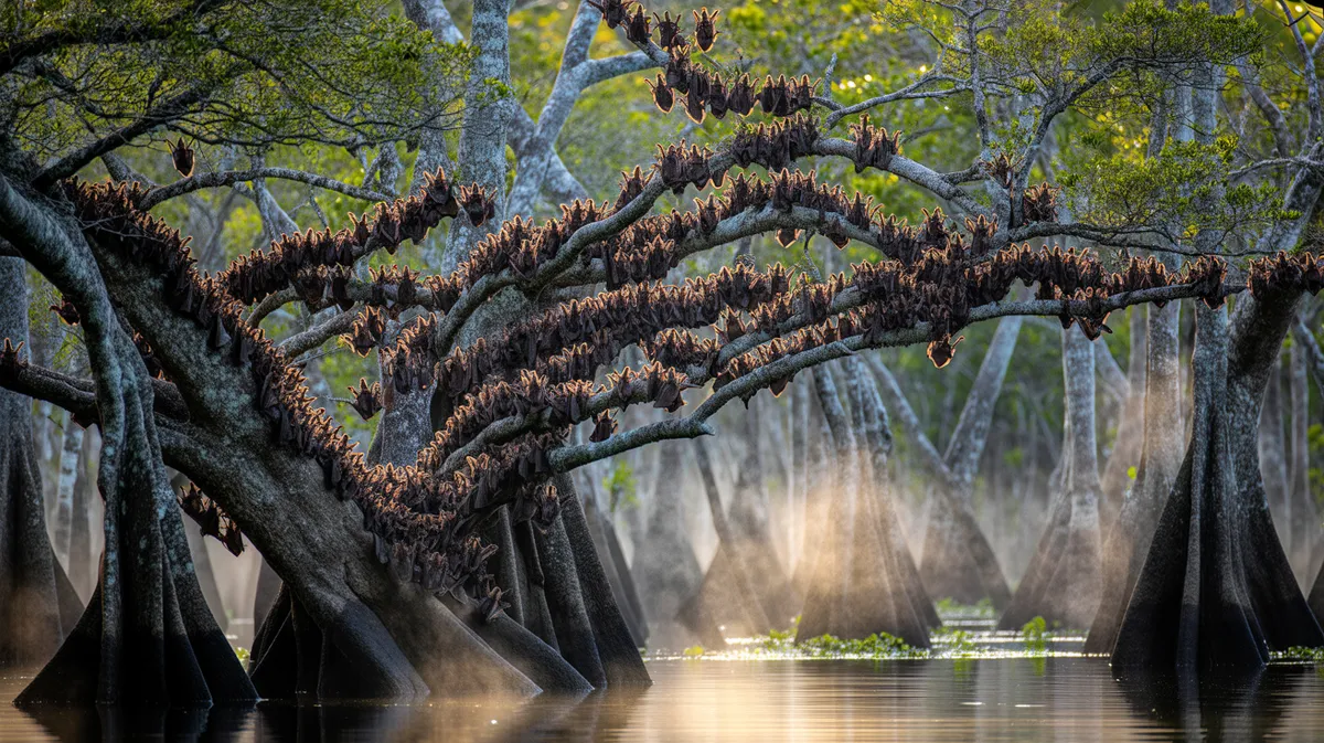 Fruit bats roosting densely in trees