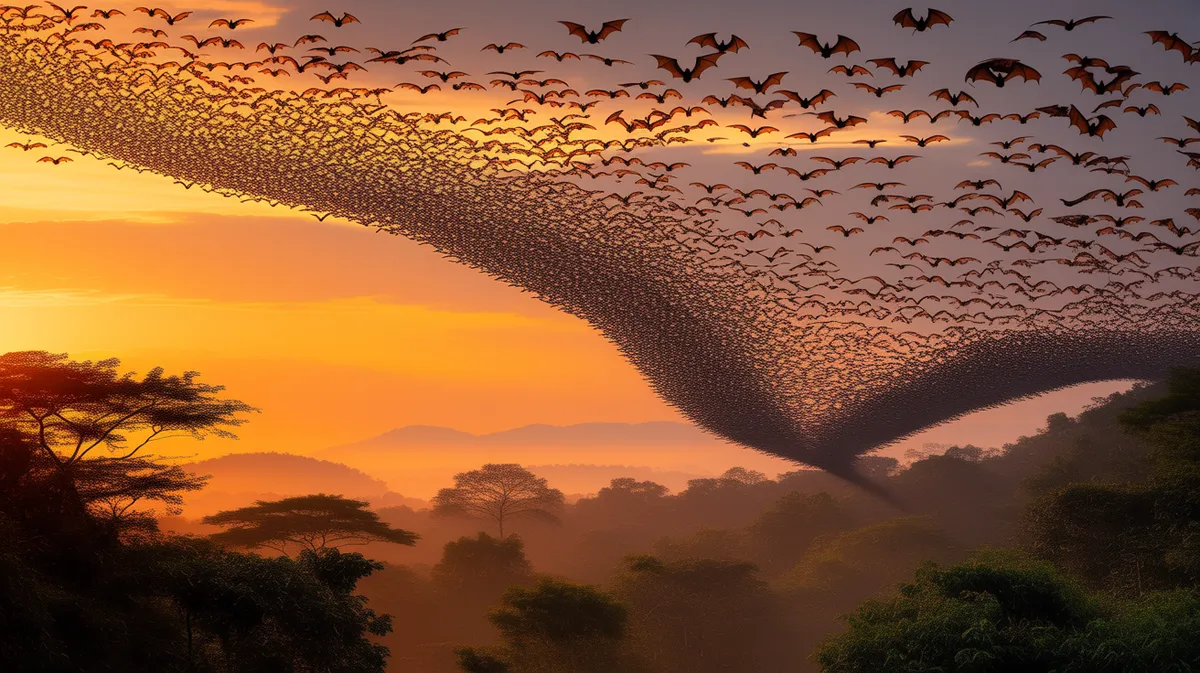 A river of bats across the sunset sky