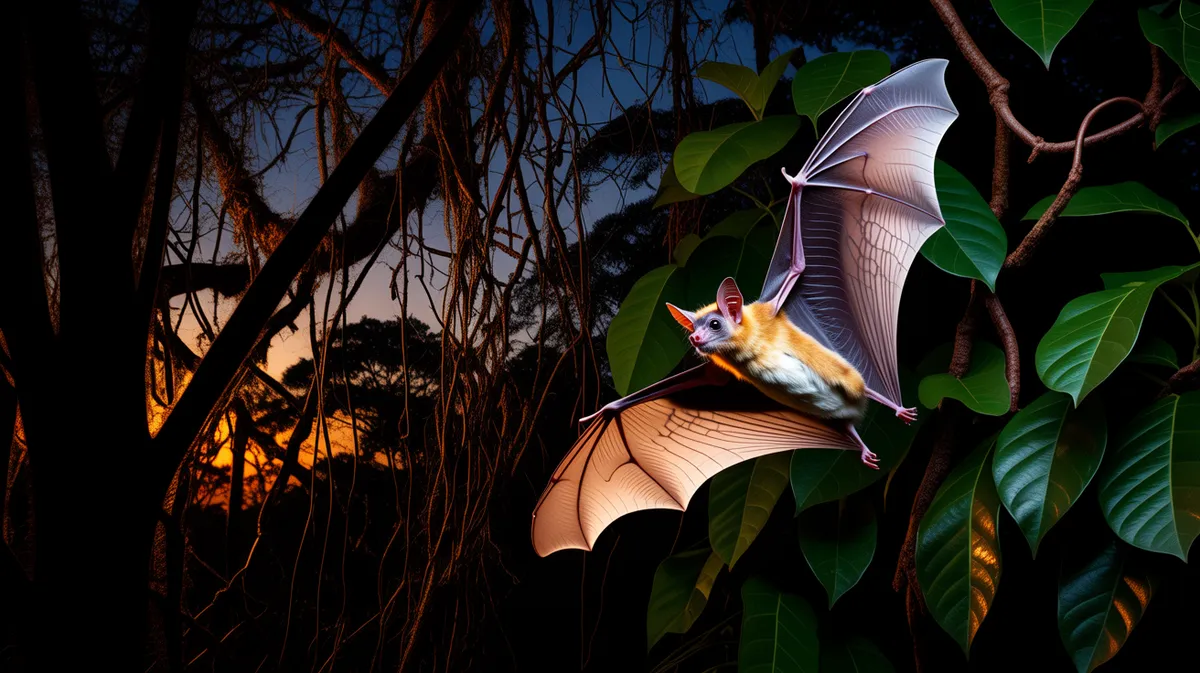 A fruit bat flying over the forest