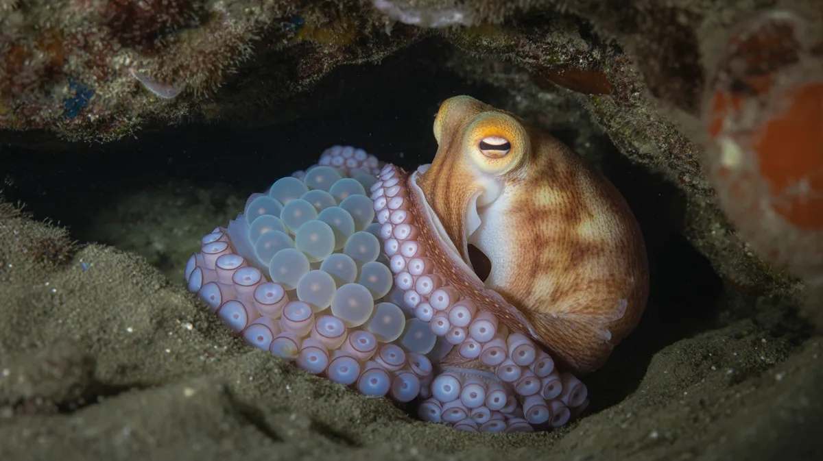 An octopus guarding her eggs in a den