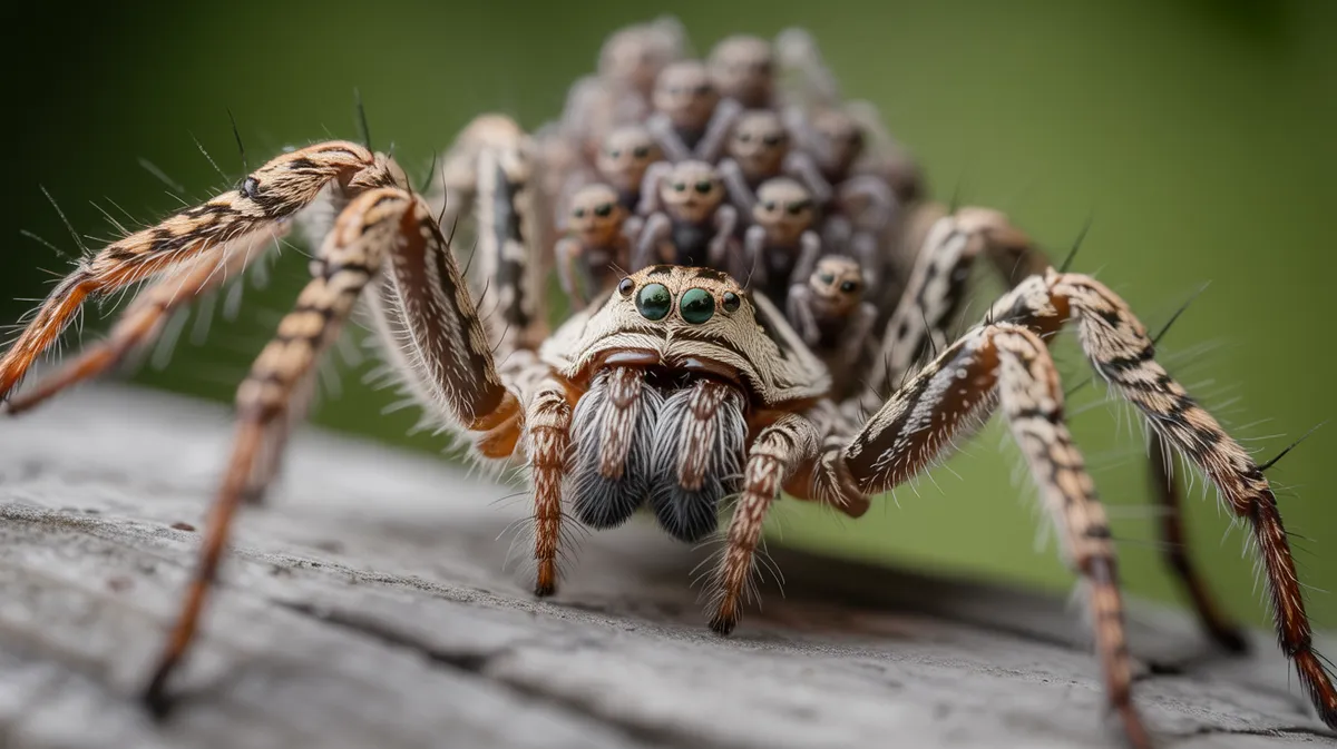 A wolf spider carrying spiderlings on her back