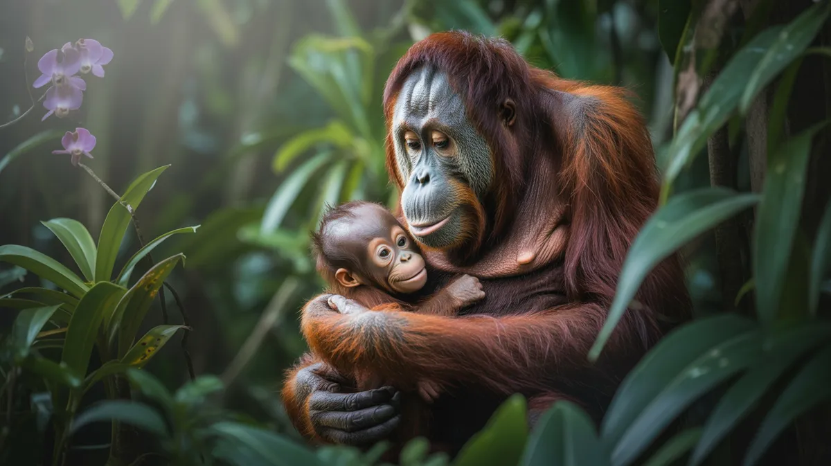 A mother orangutan with her baby