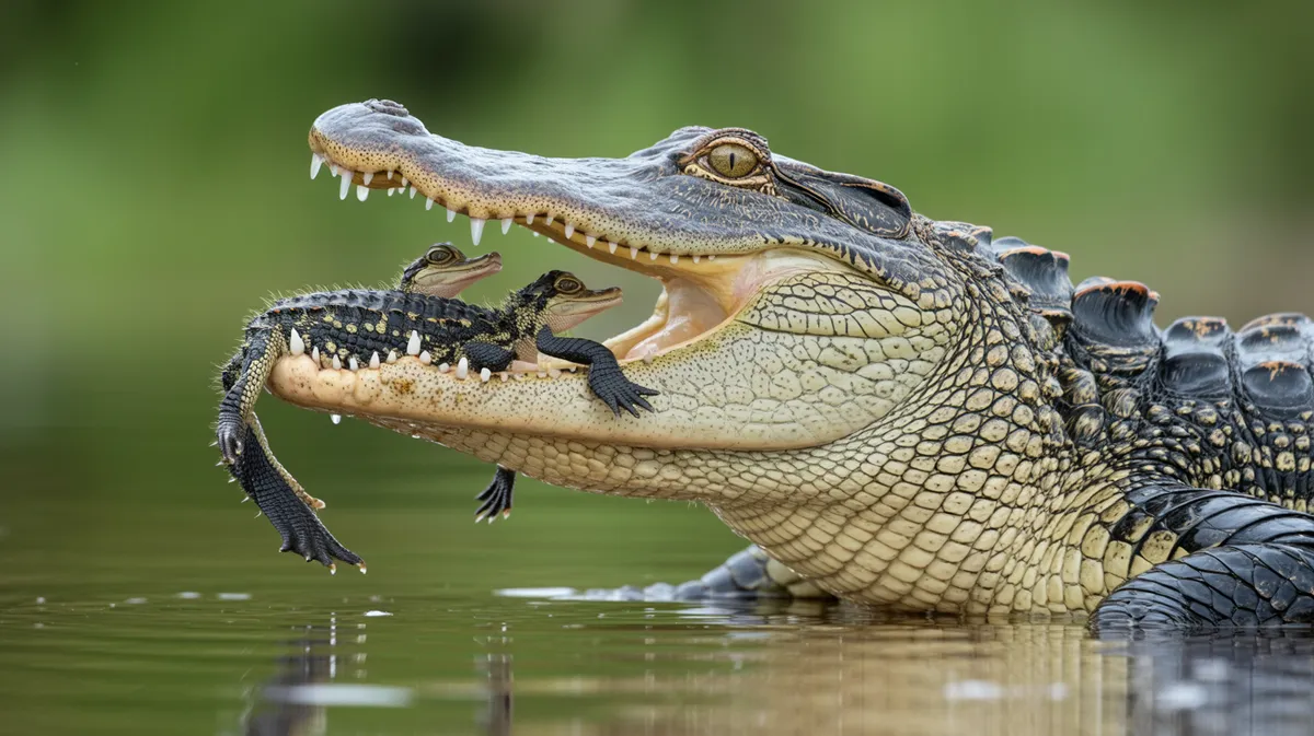 An alligator carrying hatchlings in her mouth
