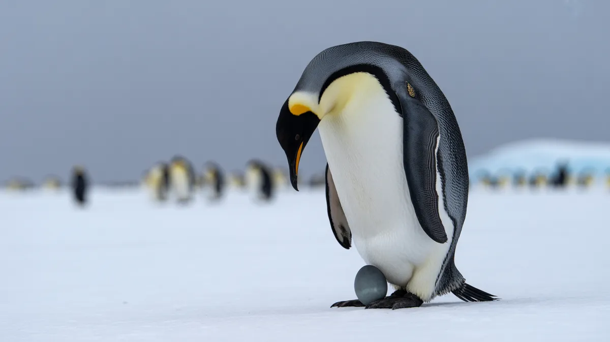 An emperor penguin with an egg on its feet