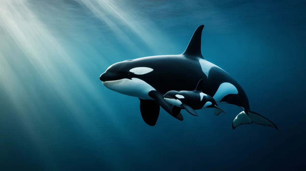 An orca swimming with her calf