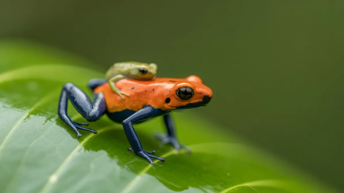 A poison frog carrying a tadpole