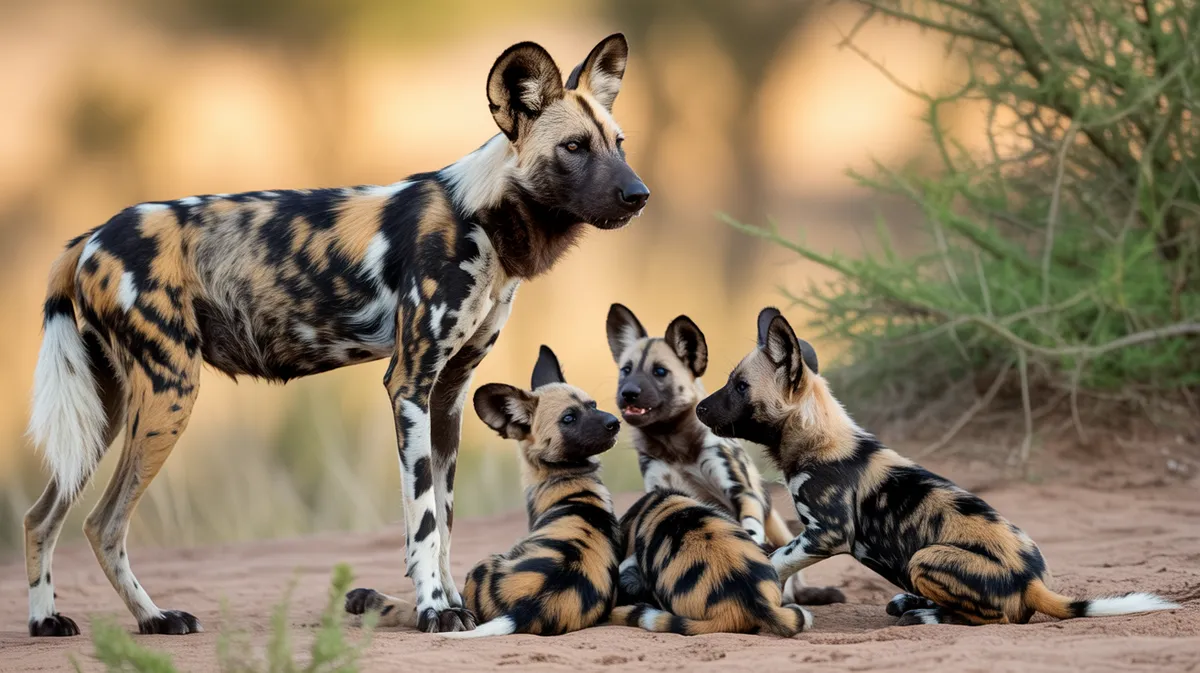 An African wild dog with pups