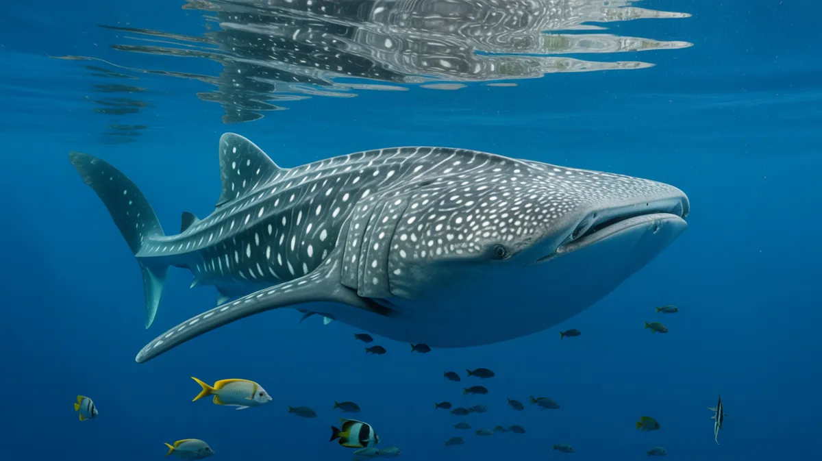 A whale shark swimming in blue water