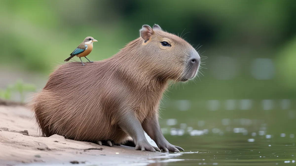 A capybara with a bird on its back