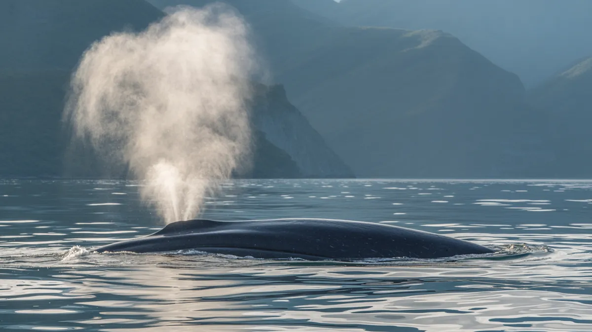 A blue whale spouting at the surface