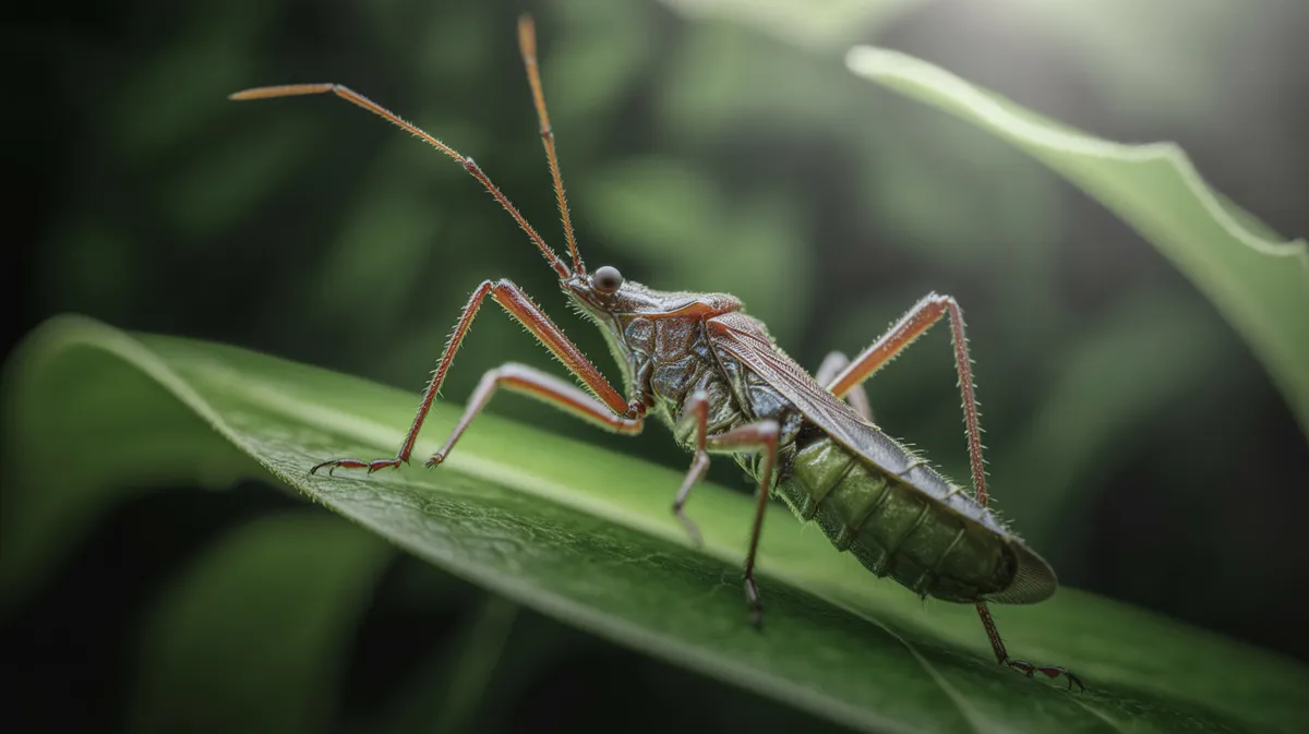A macro close-up of an assassin bug