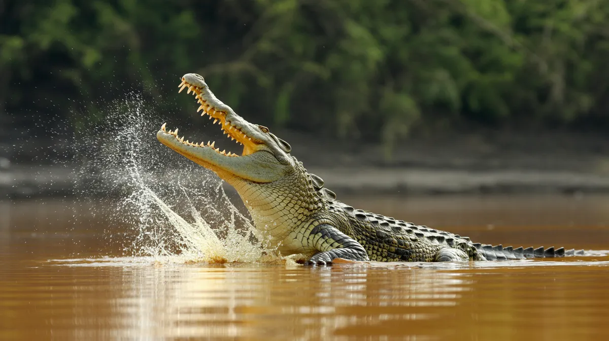 A crocodile lunging from the water