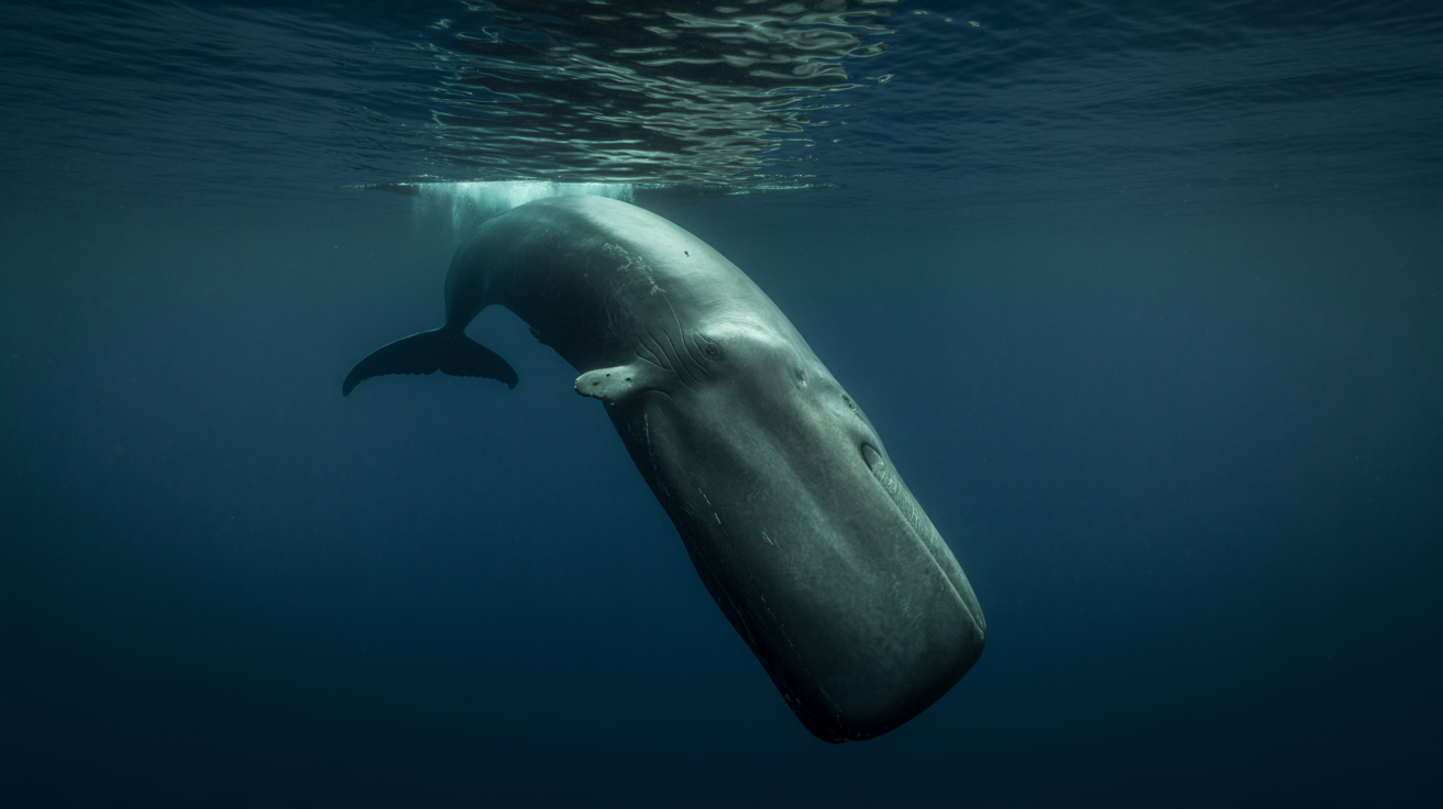 A sperm whale diving into the deep
