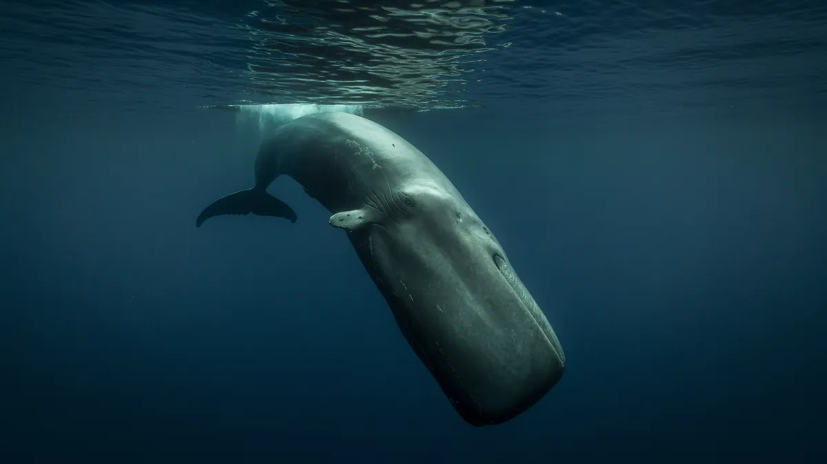 A sperm whale diving into the deep
