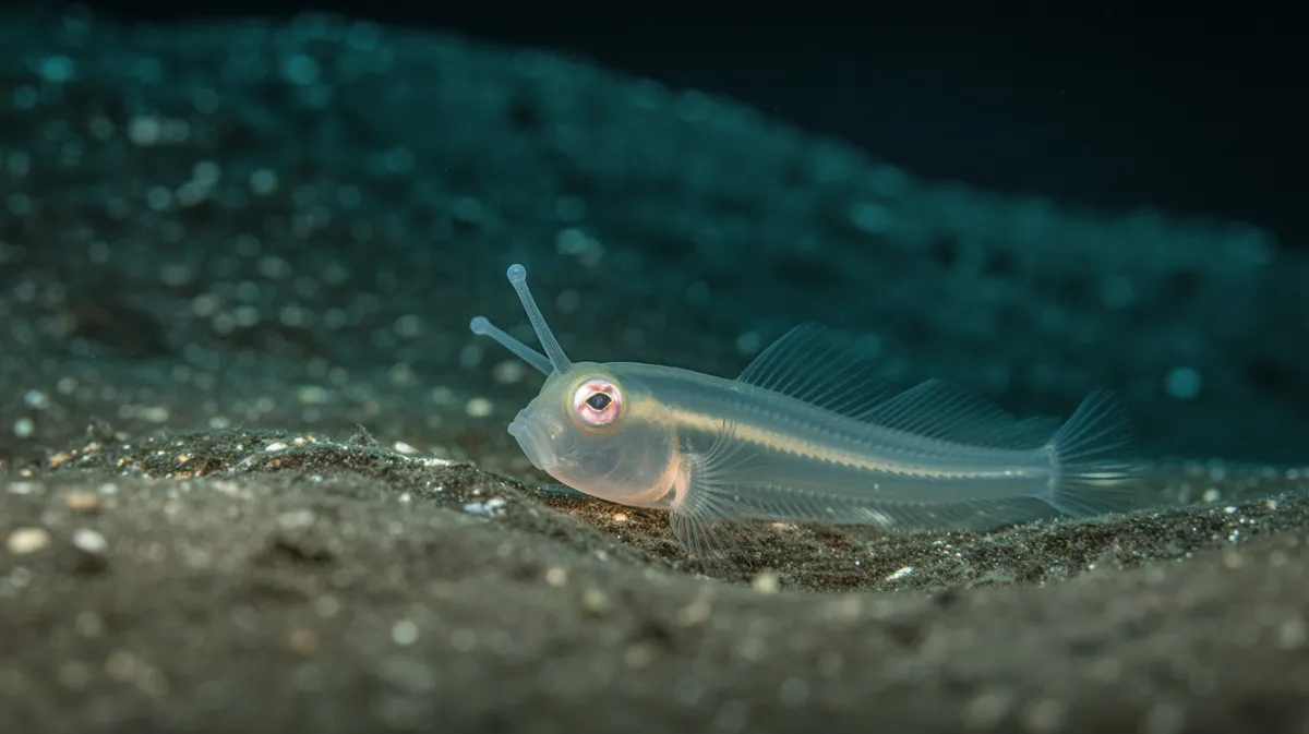 A translucent Mariana snailfish on the deep seafloor