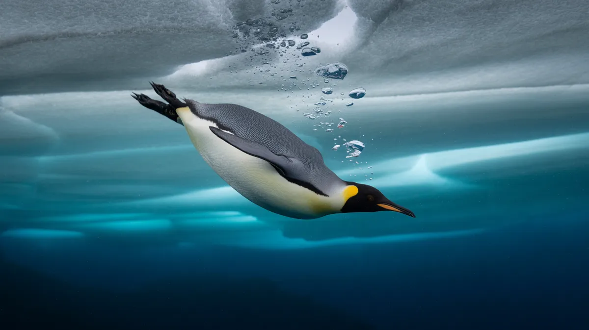 An emperor penguin swimming under Antarctic ice