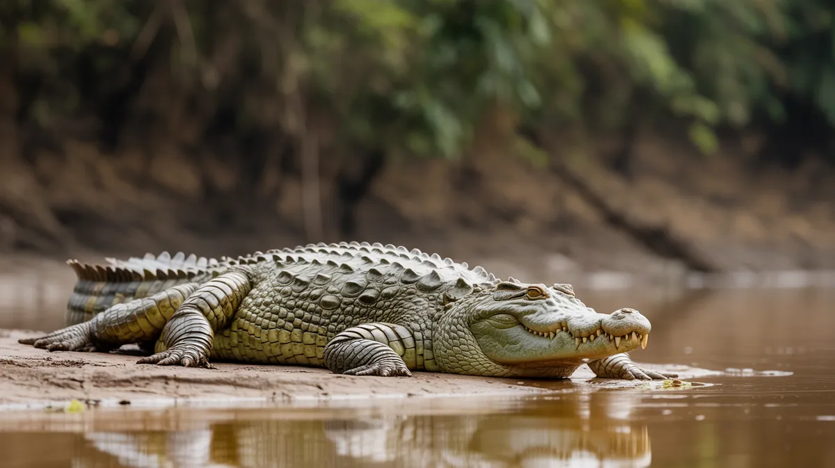 A crocodile resting on a riverbank
