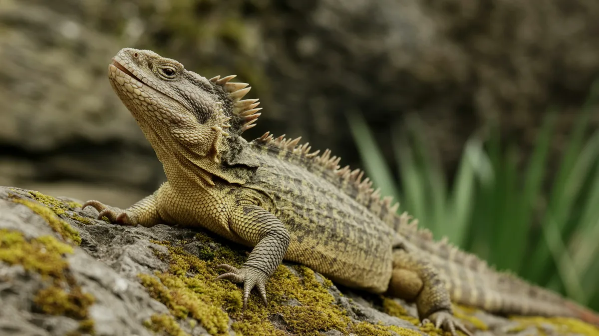 A tuatara on a mossy rock