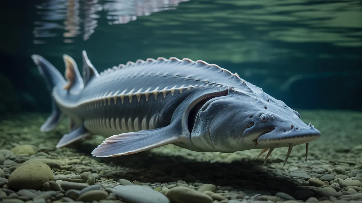 An armored sturgeon near the riverbed