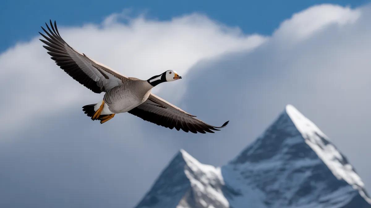 A bar-headed goose flying over the Himalayas
