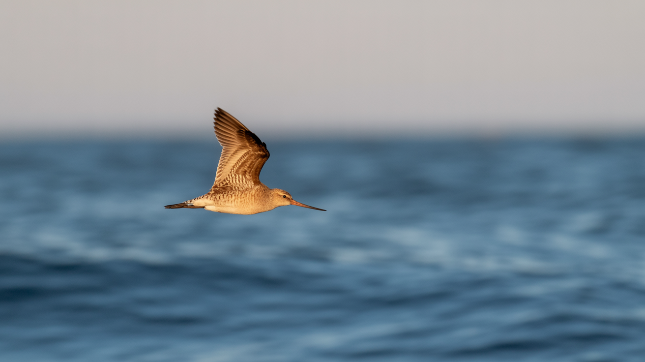 A bar-tailed godwit flying over open ocean