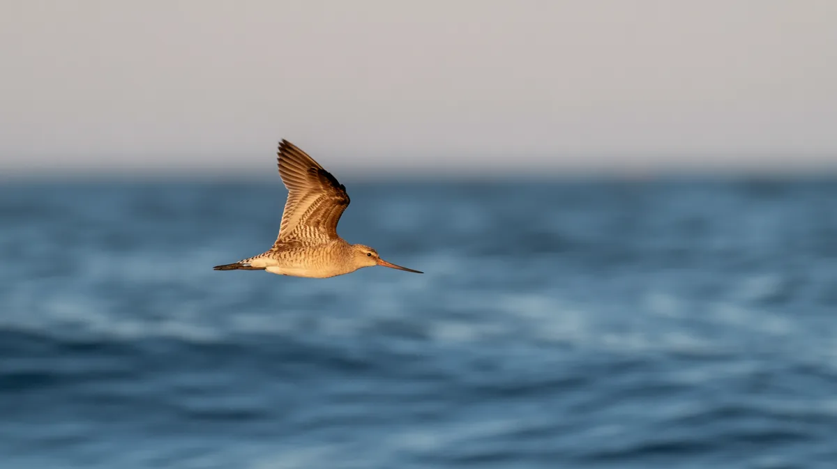 A bar-tailed godwit flying over open ocean