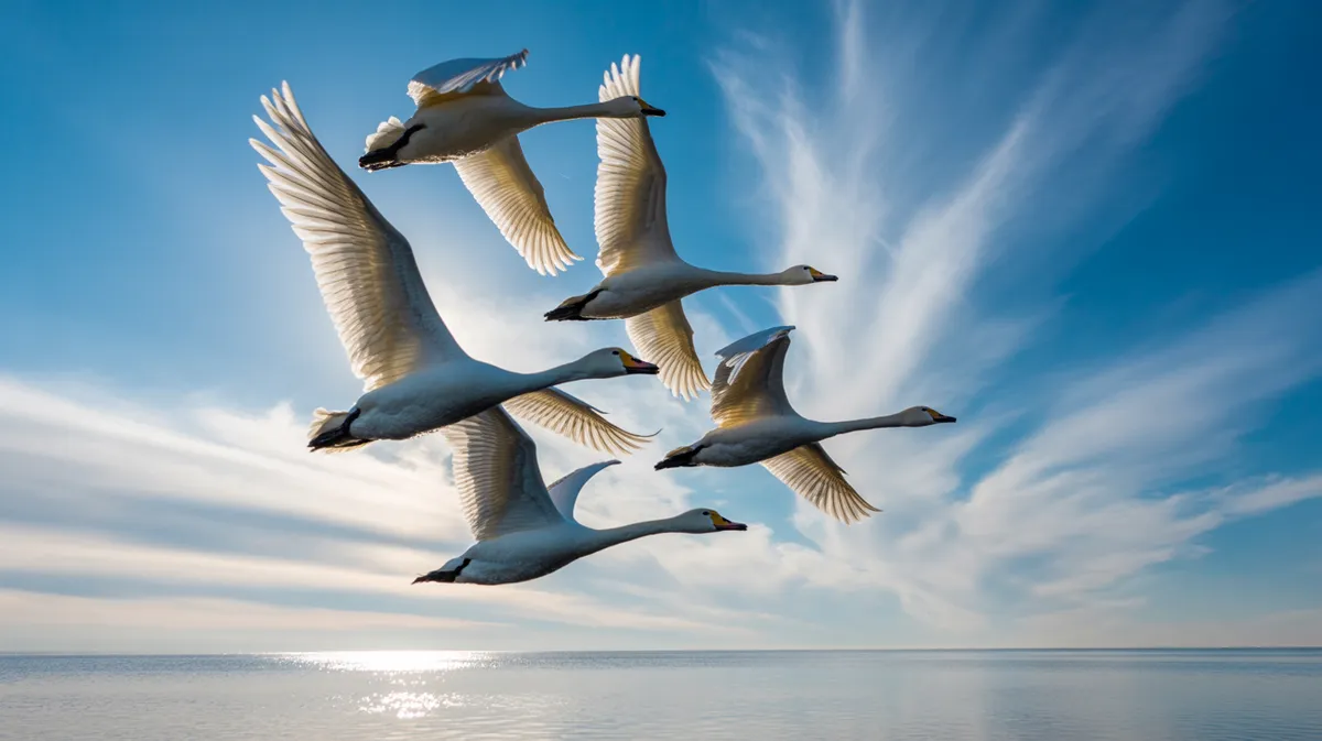 Whooper swans in flight