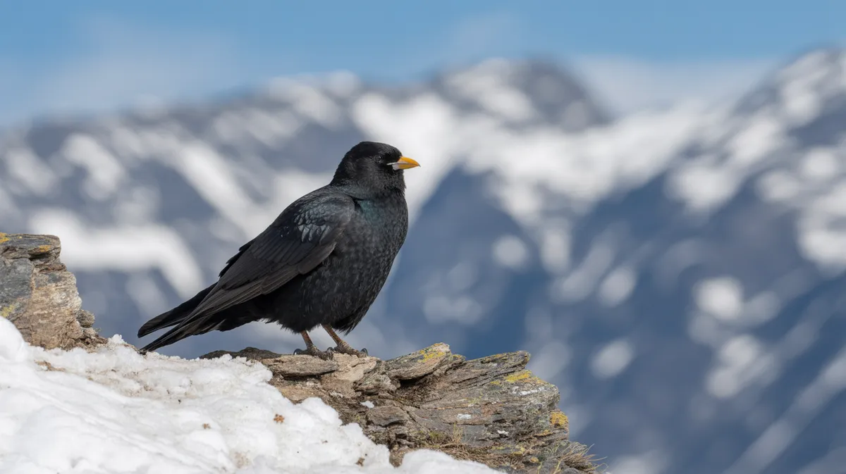 An alpine chough on a snowy ridge