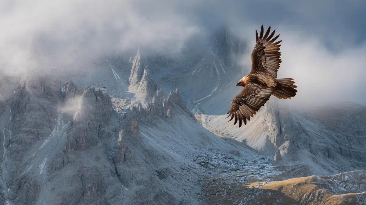 A bearded vulture over peaks