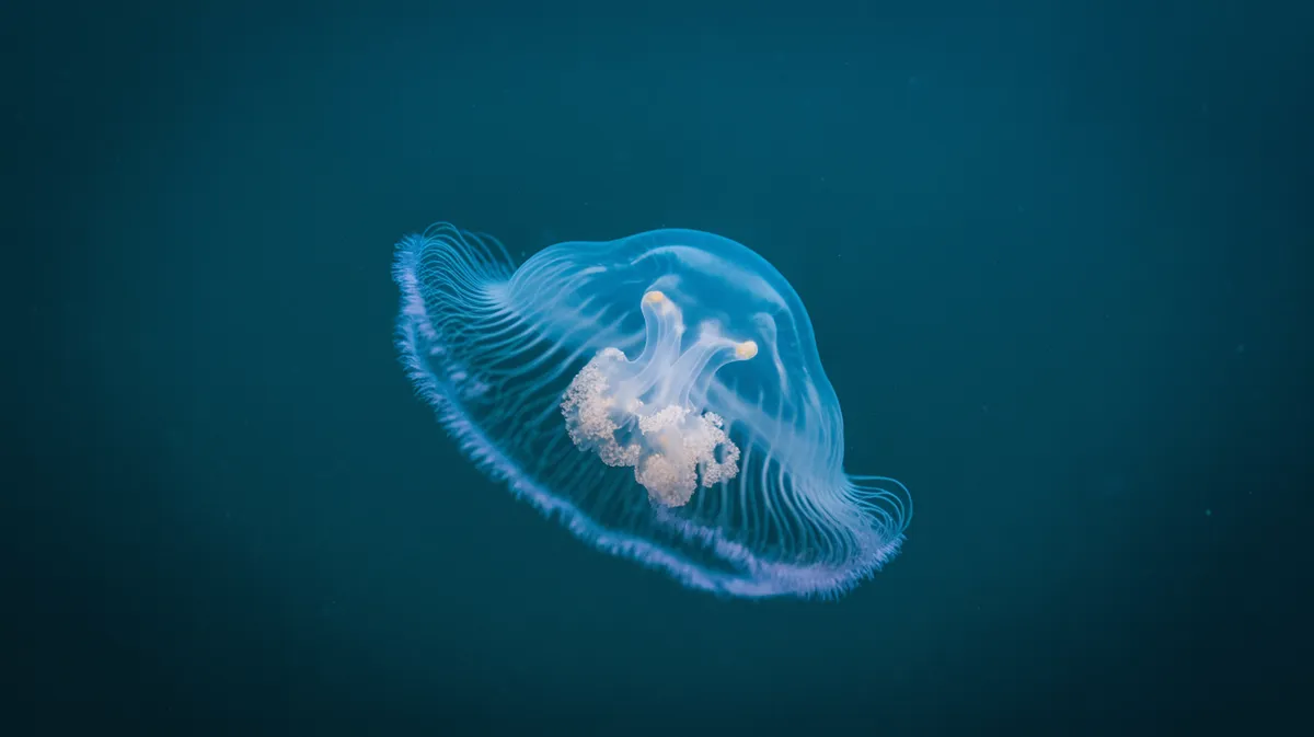 A translucent immortal jellyfish in dark water
