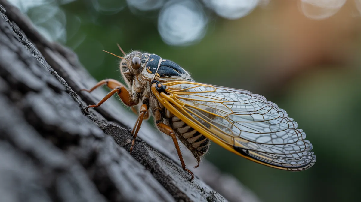 A macro close-up of a cicada on bark