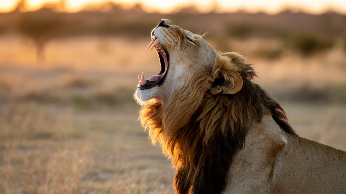 A male lion roaring at golden hour
