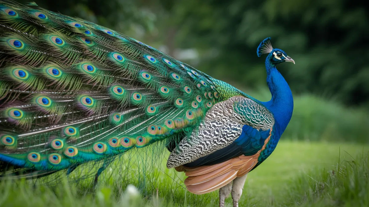 A peacock displaying its iridescent train